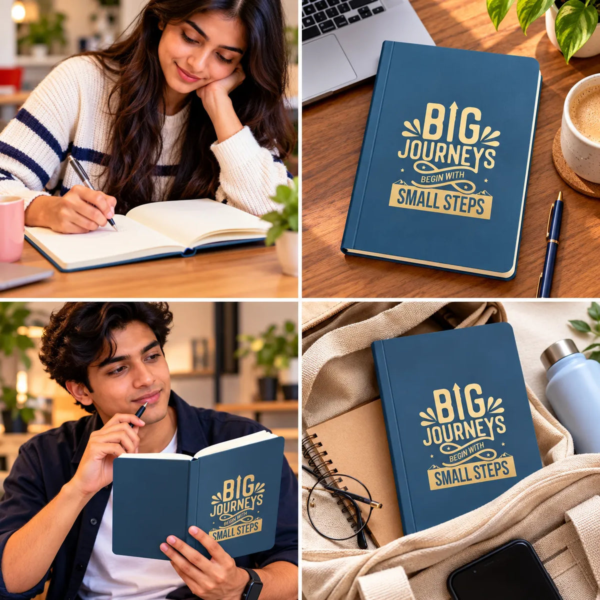 A four-panel collage showing a blue hardcover journal with the printed phrase “BIG JOURNEYS WITH YOU SMALL STEPS” in cream lettering. The scenes include a woman writing in an open notebook, a man reading in a notebook, and the journal placed on a desk with a laptop, pen, and other office items.