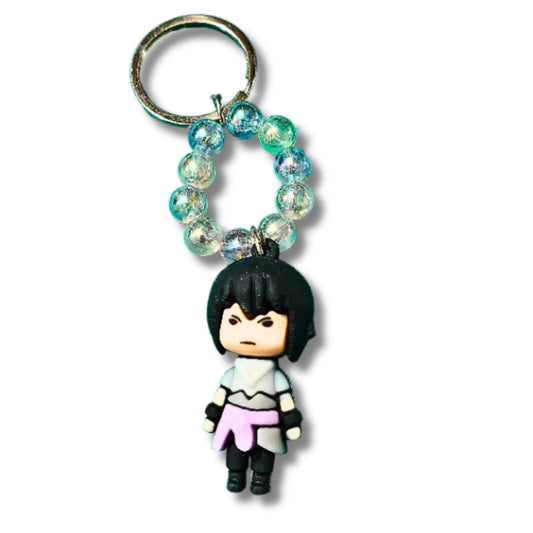 Black-Haired Anime Ninja Character Keychain with Aqua Beads