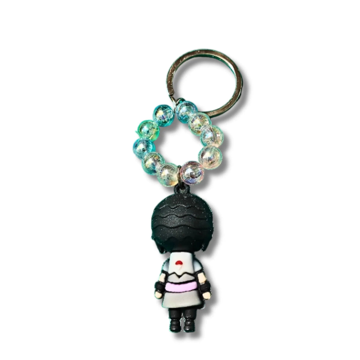 Black-Haired Anime Ninja Character Keychain with Aqua Beads