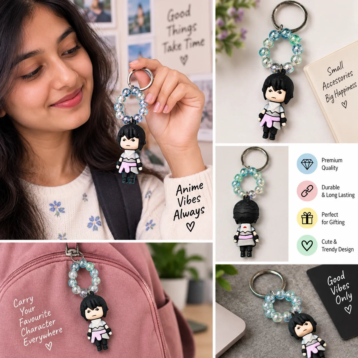 Black-Haired Anime Ninja Character Keychain with Aqua Beads