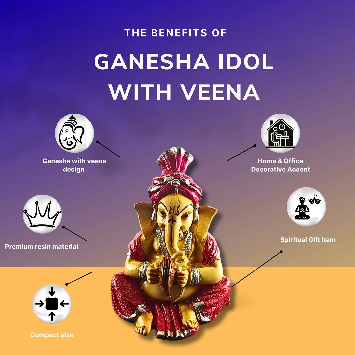 Musical Ganesha Idol Figurine Set | Golden Yellow with Turquoise and Pink, Playing Instruments, 12x8 cm, 2 Pieces