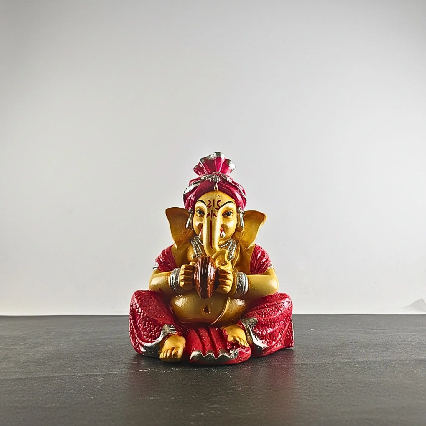 Musical Ganesha Idol Figurine Set | Golden Yellow with Turquoise and Pink, Playing Instruments, 12x8 cm, 2 Pieces