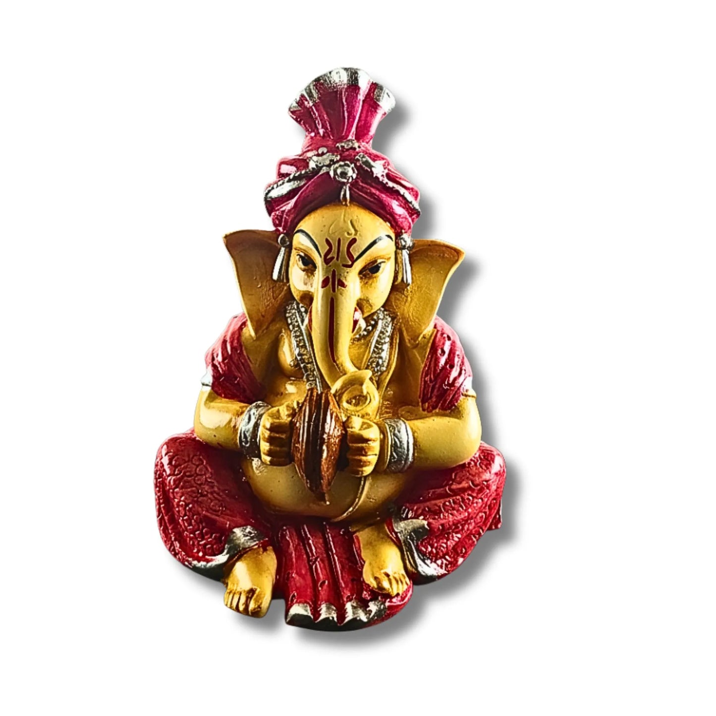 Musical Ganesha Idol Figurine Set | Golden Yellow with Turquoise and Pink, Playing Instruments, 12x8 cm, 2 Pieces