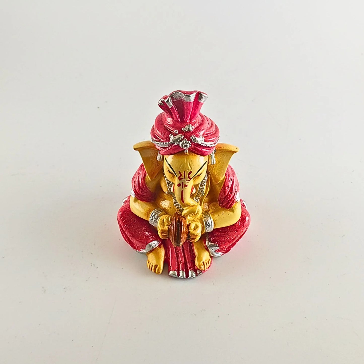 Musical Ganesha Idol Figurine Set | Golden Yellow with Turquoise and Pink, Playing Instruments, 12x8 cm, 2 Pieces