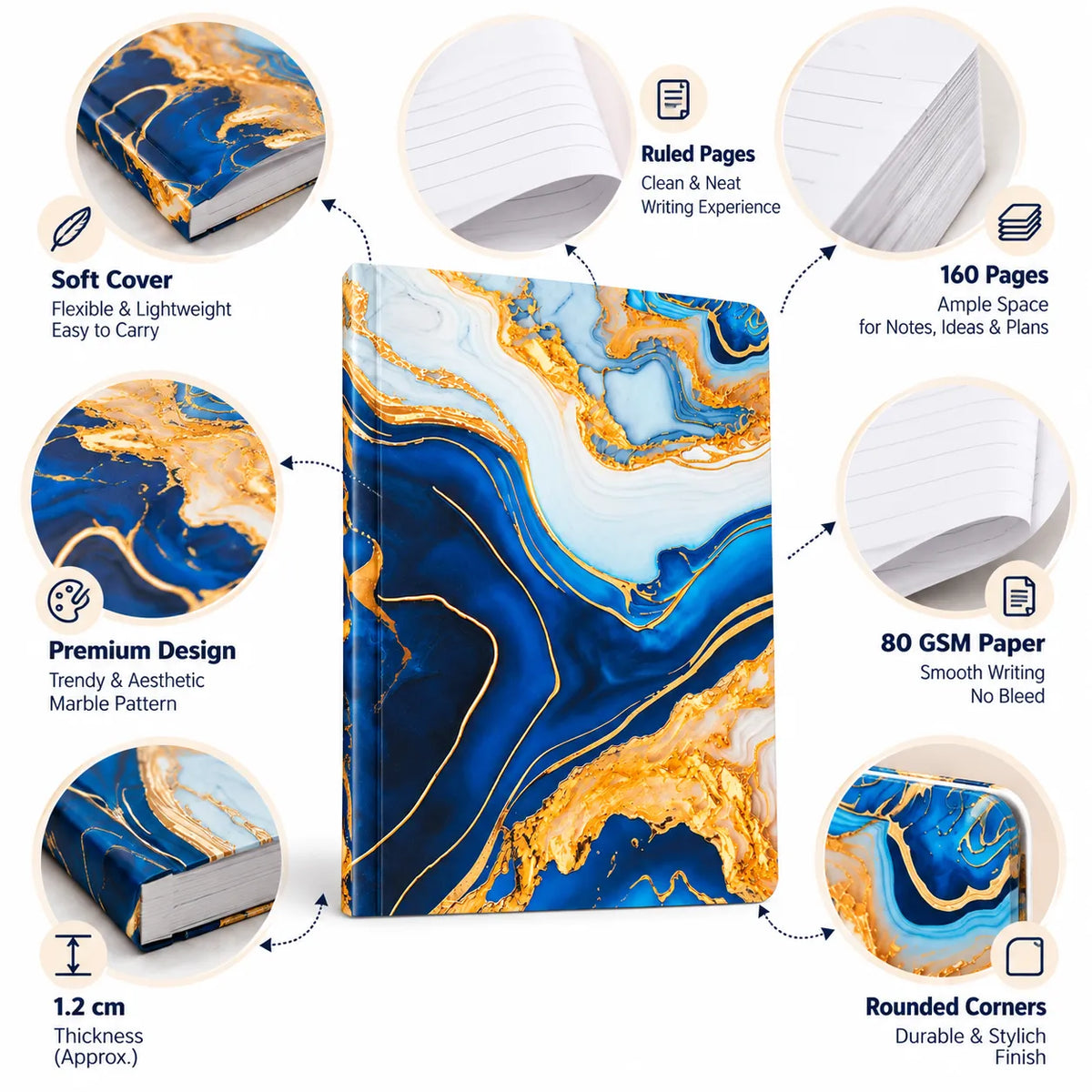 Blue & Gold Marble Spiral-Bound Notebook – 16 × 21 cm, 160 Pages