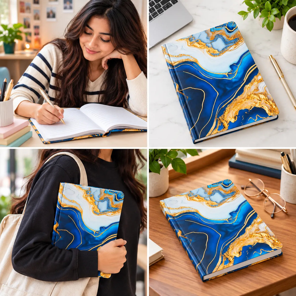 Blue & Gold Marble Spiral-Bound Notebook – 16 × 21 cm, 160 Pages