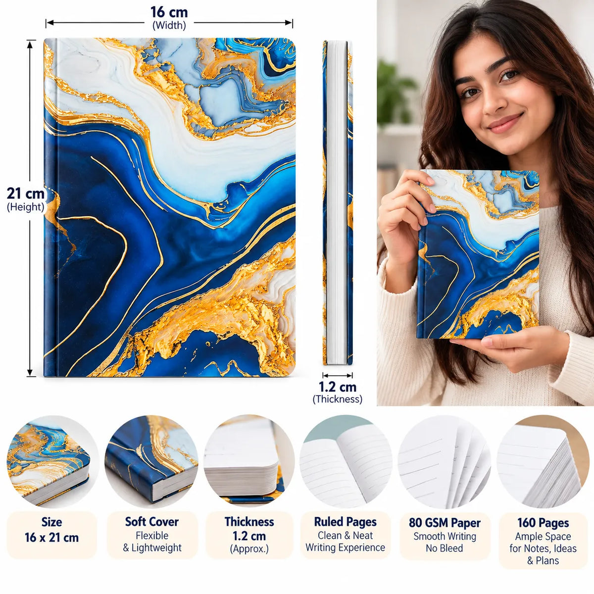 Blue & Gold Marble Spiral-Bound Notebook – 16 × 21 cm, 160 Pages
