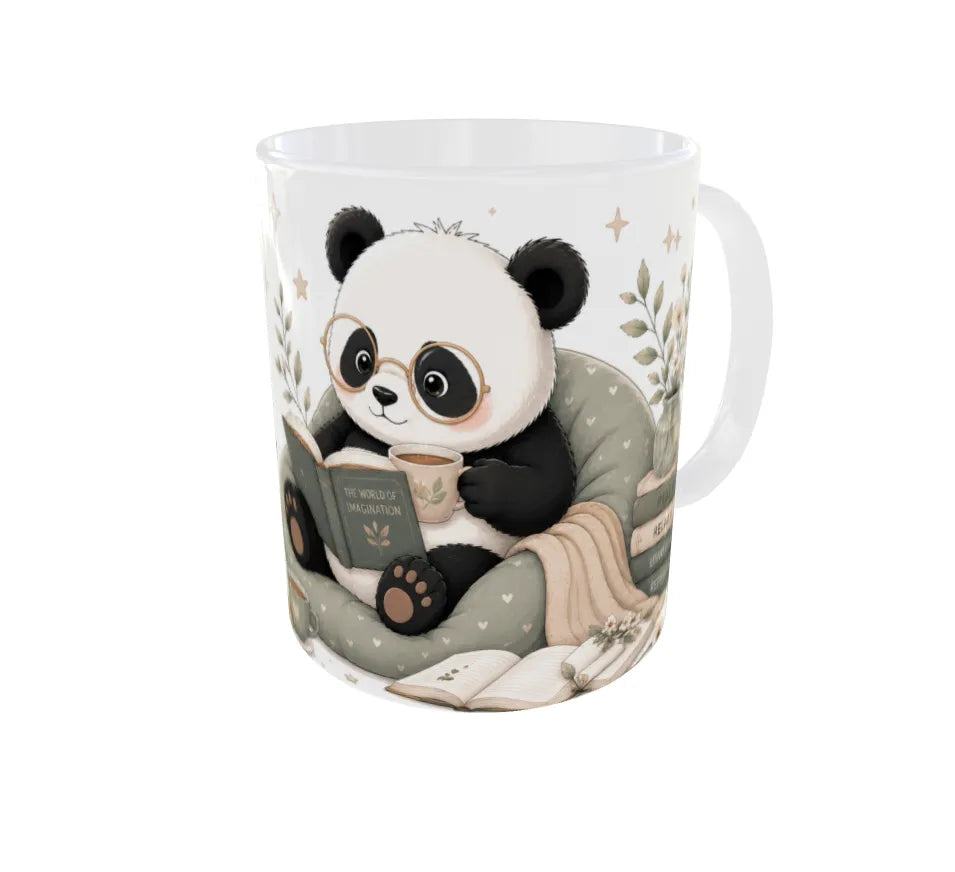 Back view featuring cozy reading panda artwork with books and blanket.