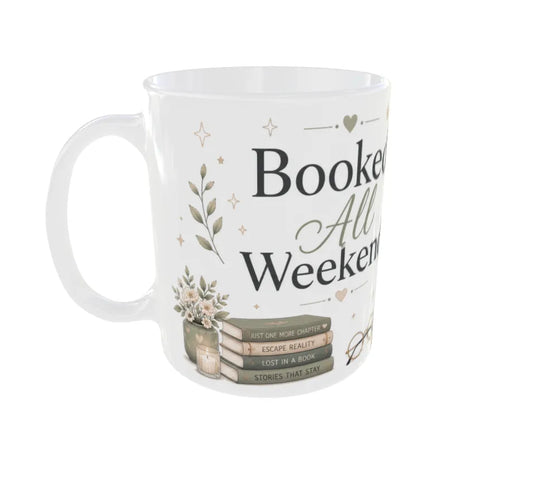 Front view of Booked All Weekend Panda Ceramic Coffee Mug featuring book lover typography.