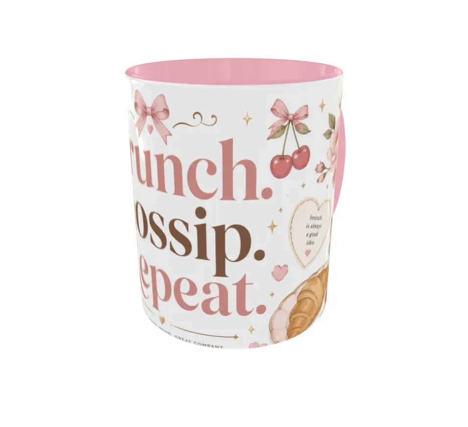 Brunch Gossip Repeat Pink Ceramic Mug