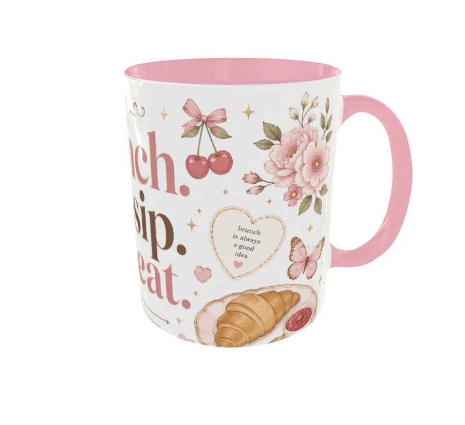 Brunch Gossip Repeat Pink Ceramic Mug