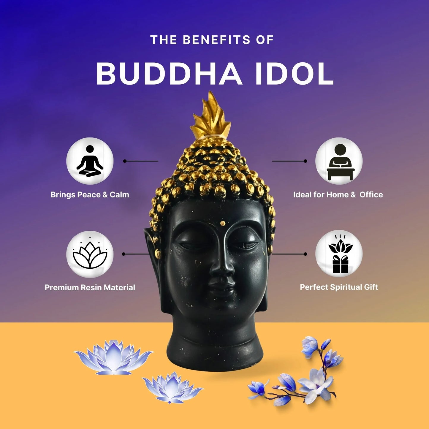 Decorative Buddha Head Idol | 12cm Black and Gold Buddha Face Figurine for Peace & Positivity