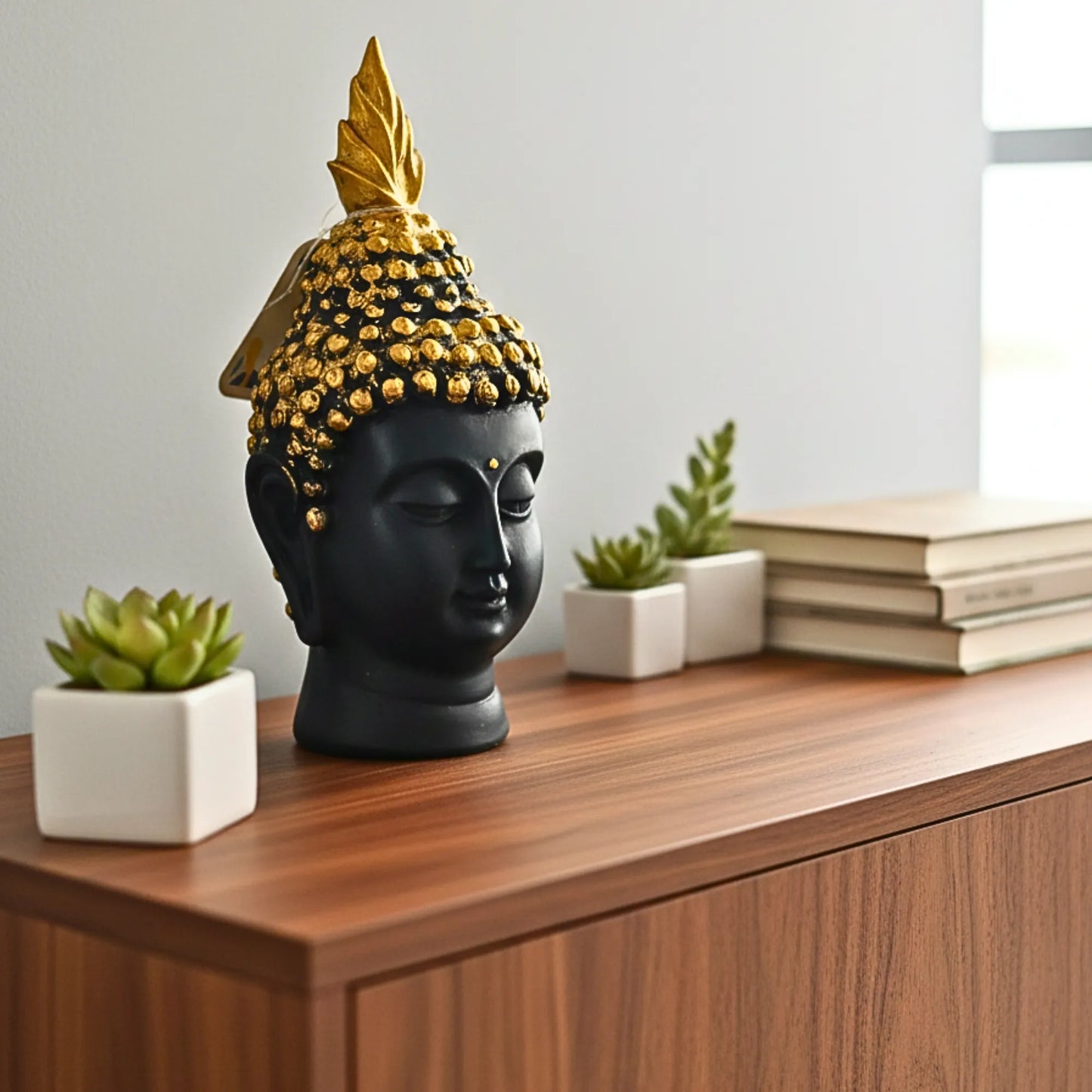 Decorative Buddha Head Idol | 12cm Black and Gold Buddha Face Figurine for Peace & Positivity