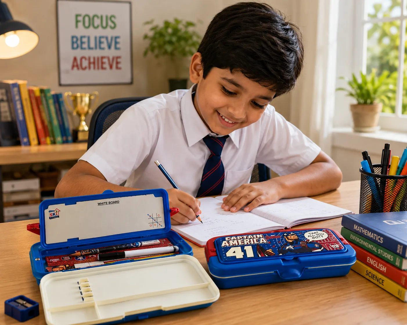 Captain America Pencil Box with Whiteboard & Organizer Tray | Avengers School Pencil Case for Kids | Multi-Compartment Stationery Storage Box