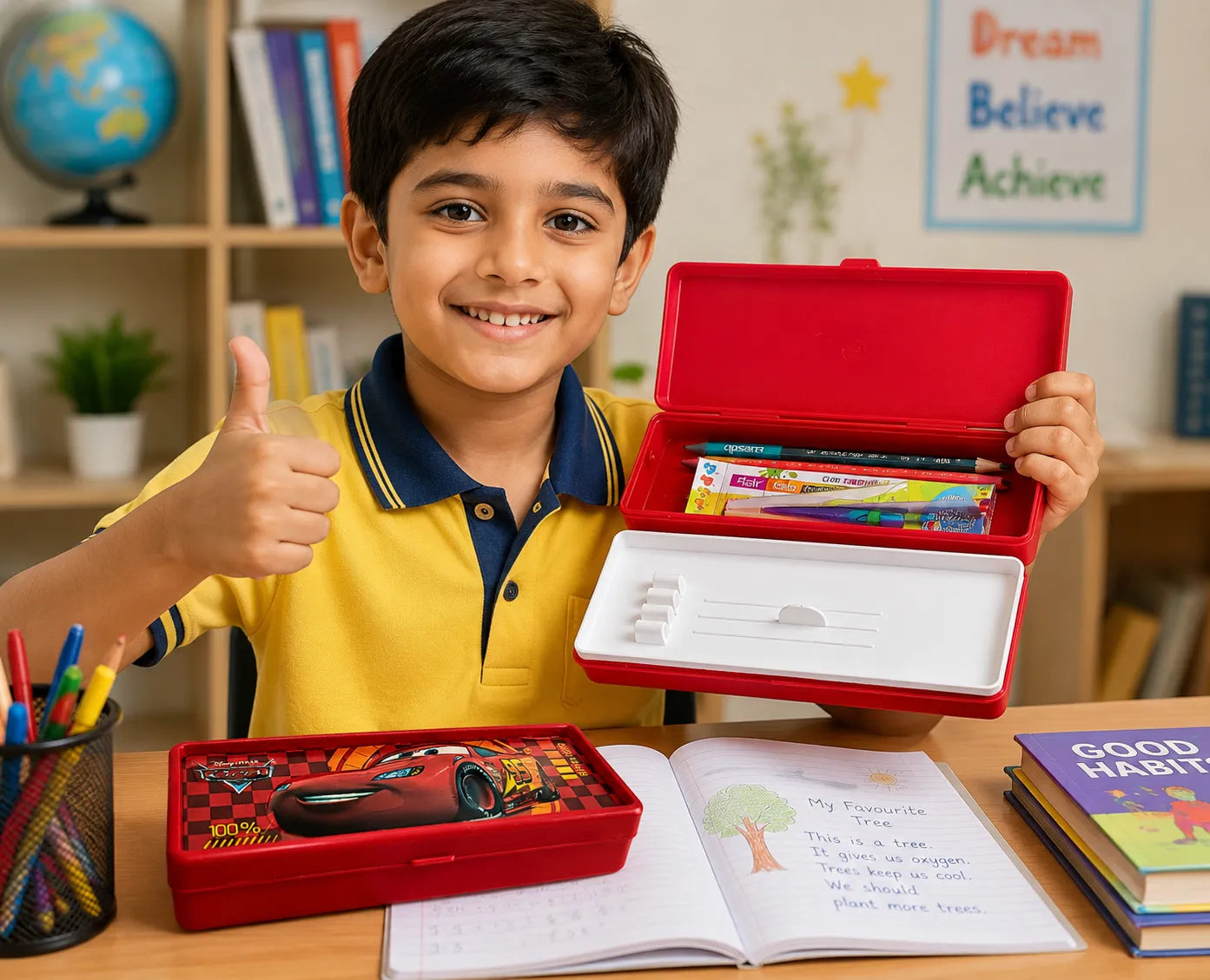 Cars Lightning McQueen Pencil Box for Kids | Multi-Storage School Pencil Case with Removable Tray | Cartoon Stationery Organizer Box