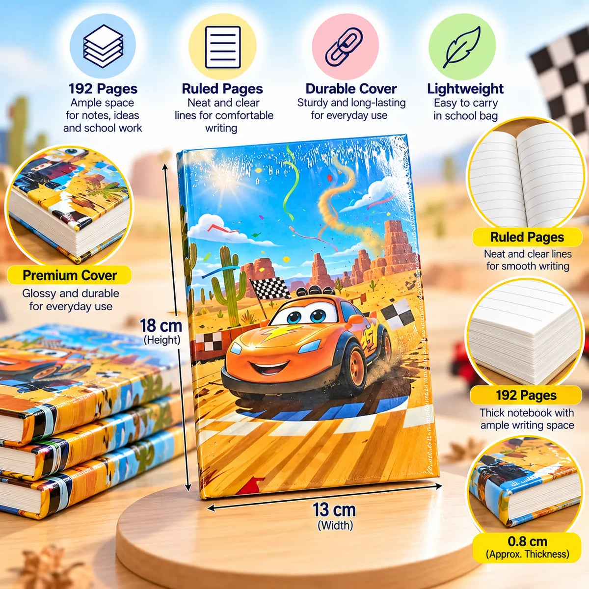🏎️ Cartoon Racing Car Theme Ruled Notebook – 13 × 18 cm, 192 Pages