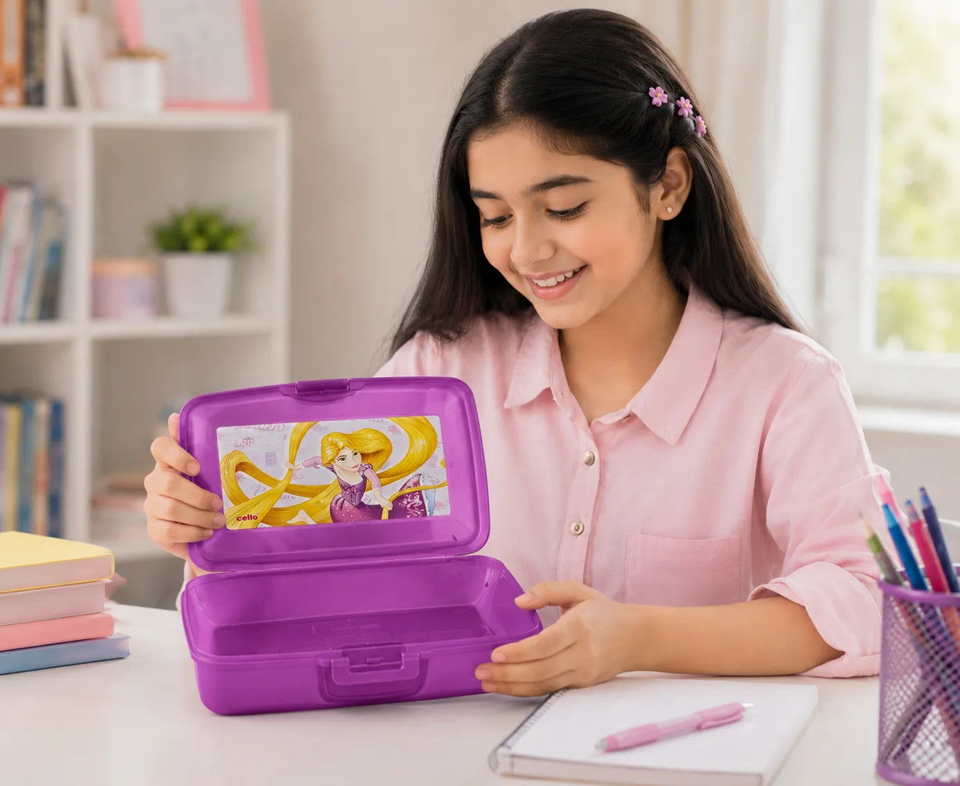 Cello Disney Princess Rapunzel Kids Lunch Box with Inner Container | BPA Free School Tiffin Box for Girls | Purple