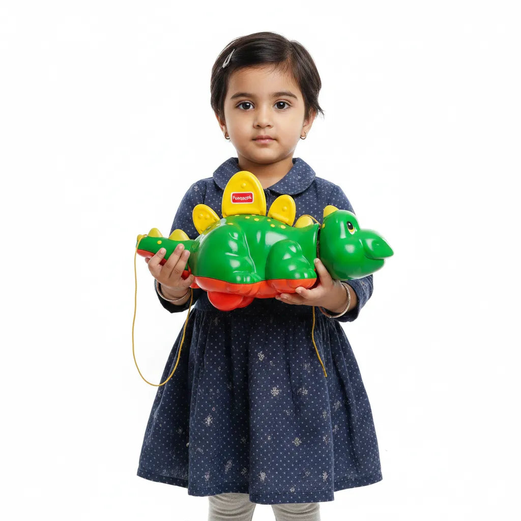Child holding a colorful toy crocodile  against a white background
