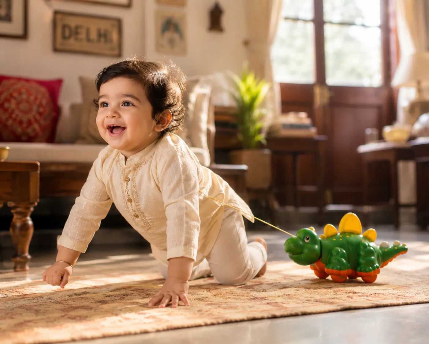 Child playing with a toy Crocodile  on a rug in a living room.