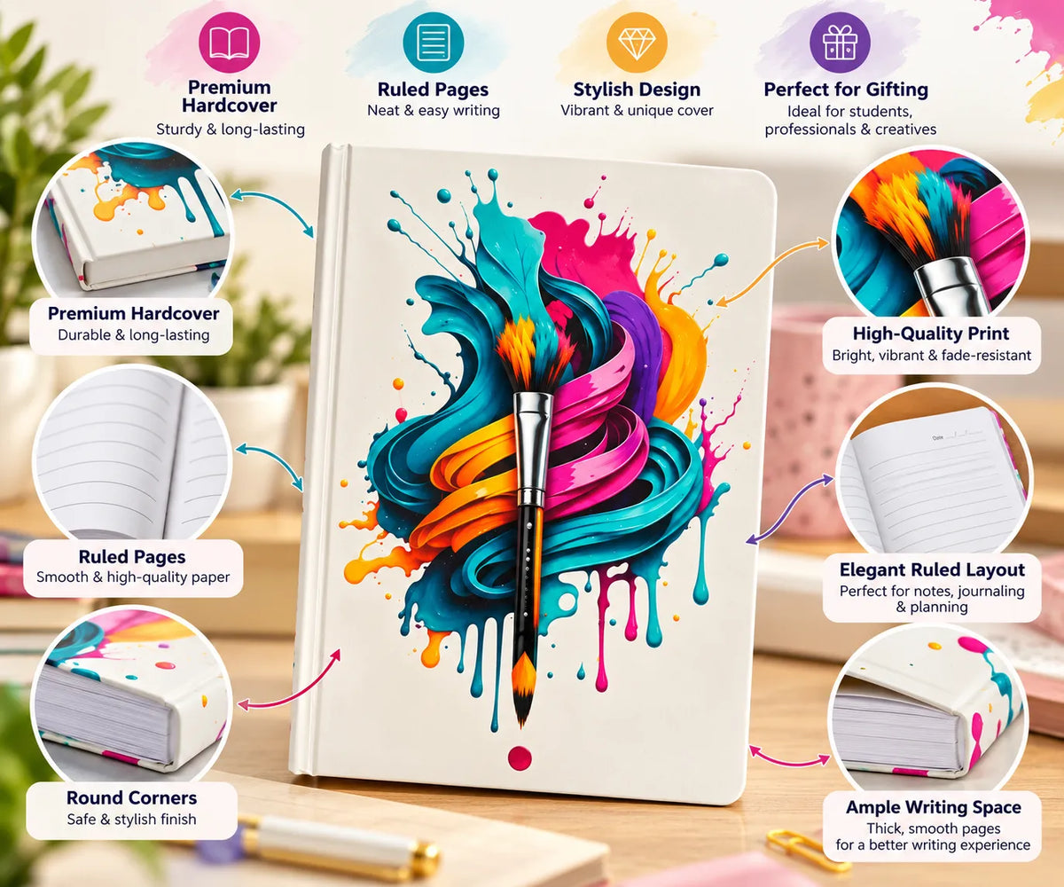 Colorful Paintbrush Splash Hard Cover Ruled Notebook – 18 × 24 cm