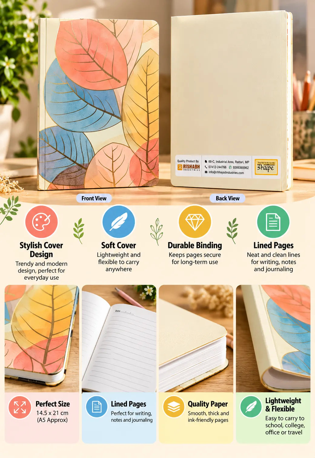 Colourful Botanical Leaf Softcover Notebook – A5 Lined Journal for Notes, Journaling & Everyday Writing