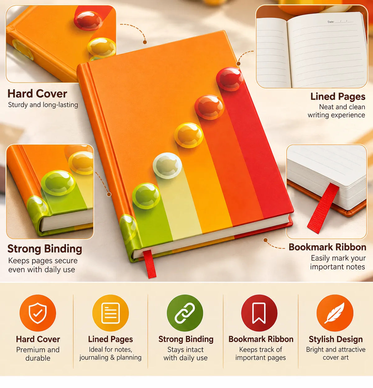 Colourful Bubble Design Hard Cover Notebook – Ruled Journal | 124 & 192 Pages
