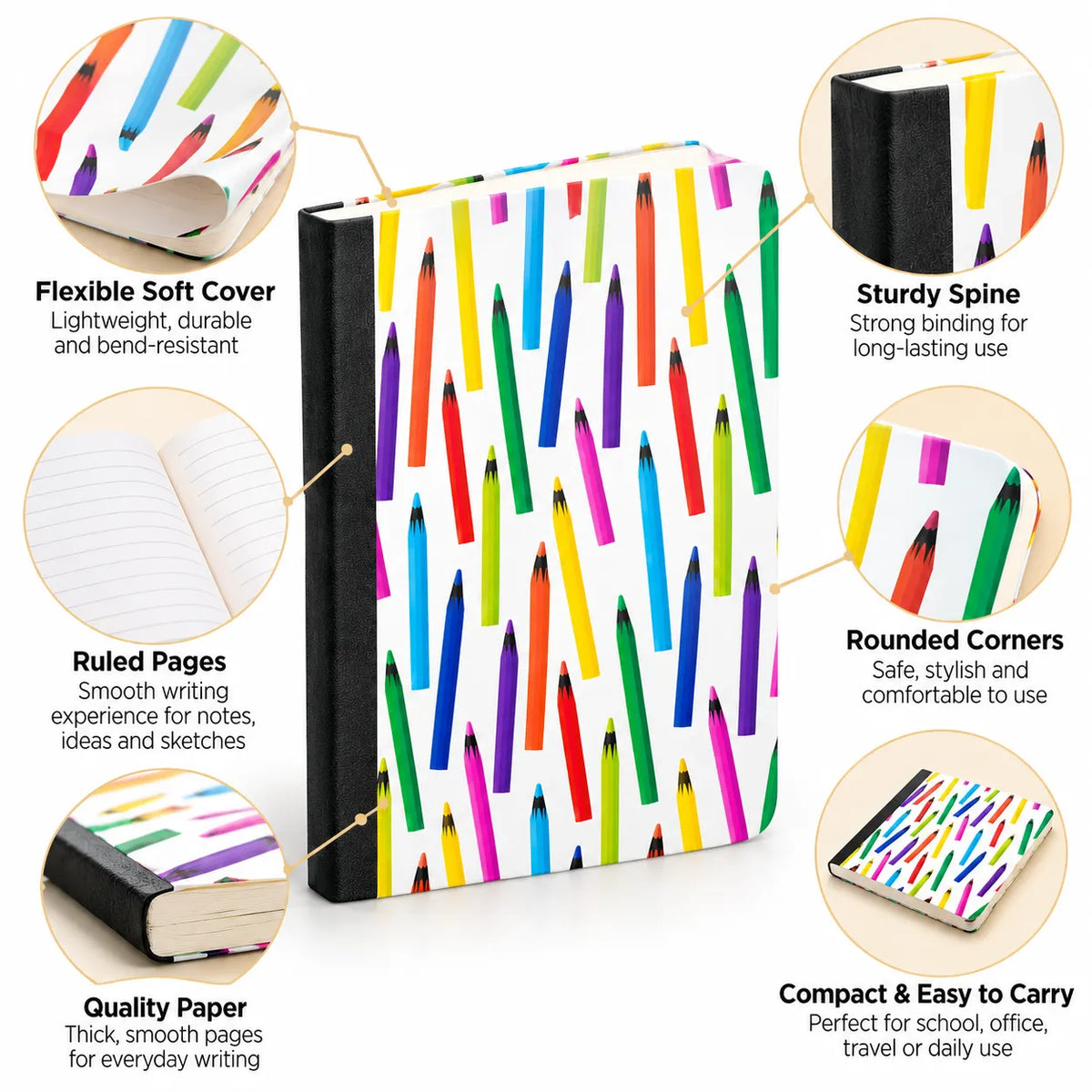 Colourful Pencil Pattern Notebook – Soft Cover B6 Ruled Notebook