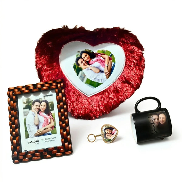 Personalized Couple Memories Combo (4-in-1) – Heart Cushion, Magic Mug, Frame & Keychain
