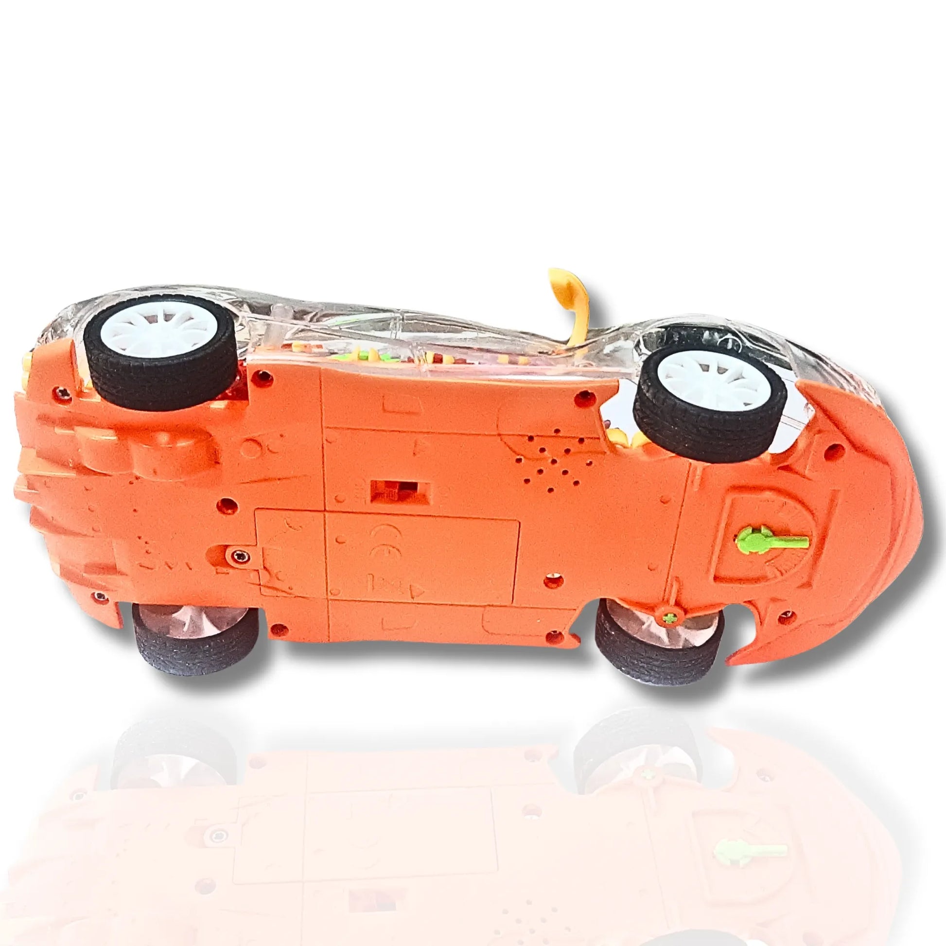Orange toy RC  car with transparent body on a white background