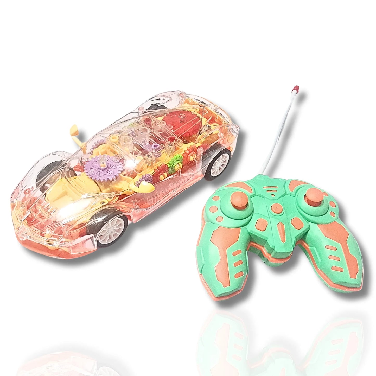 Toy car with colorful interior and transparent body, accompanied by a green and Orange remote control on a white background.