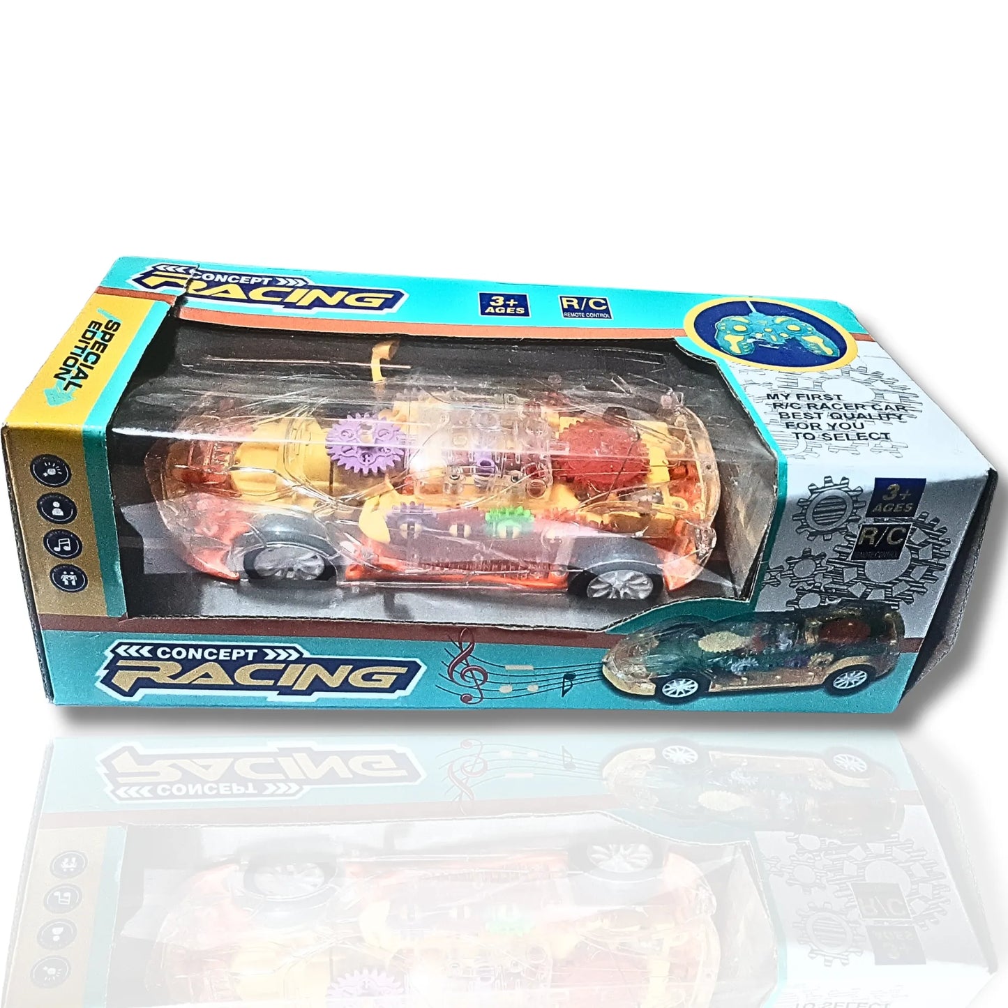 Toy car in packaging with 'Concept Racing' branding on a white background