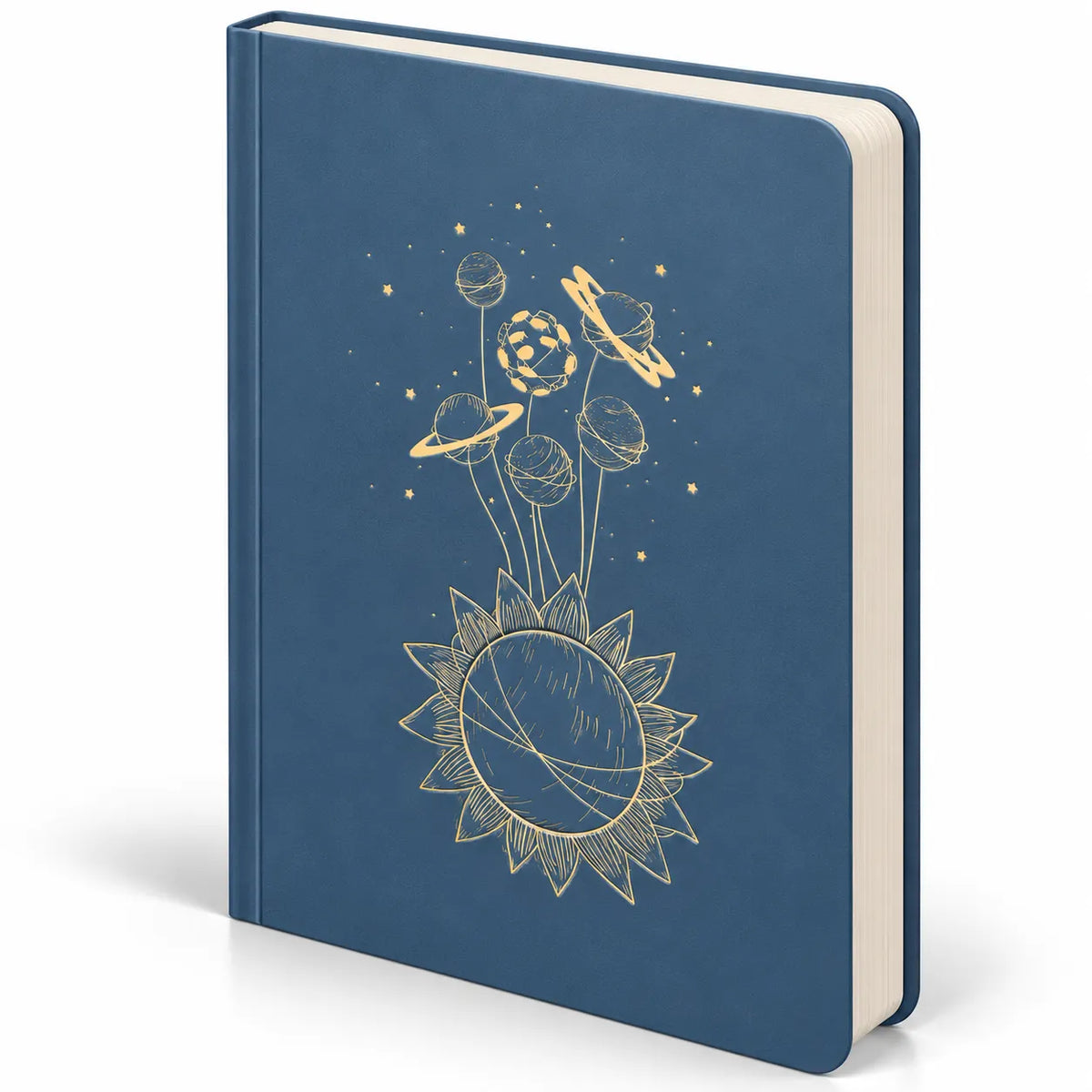 A hardcover notebook with a dark blue cover featuring a gold celestial design of planets, stars, and a sun, shown on a clean white background.