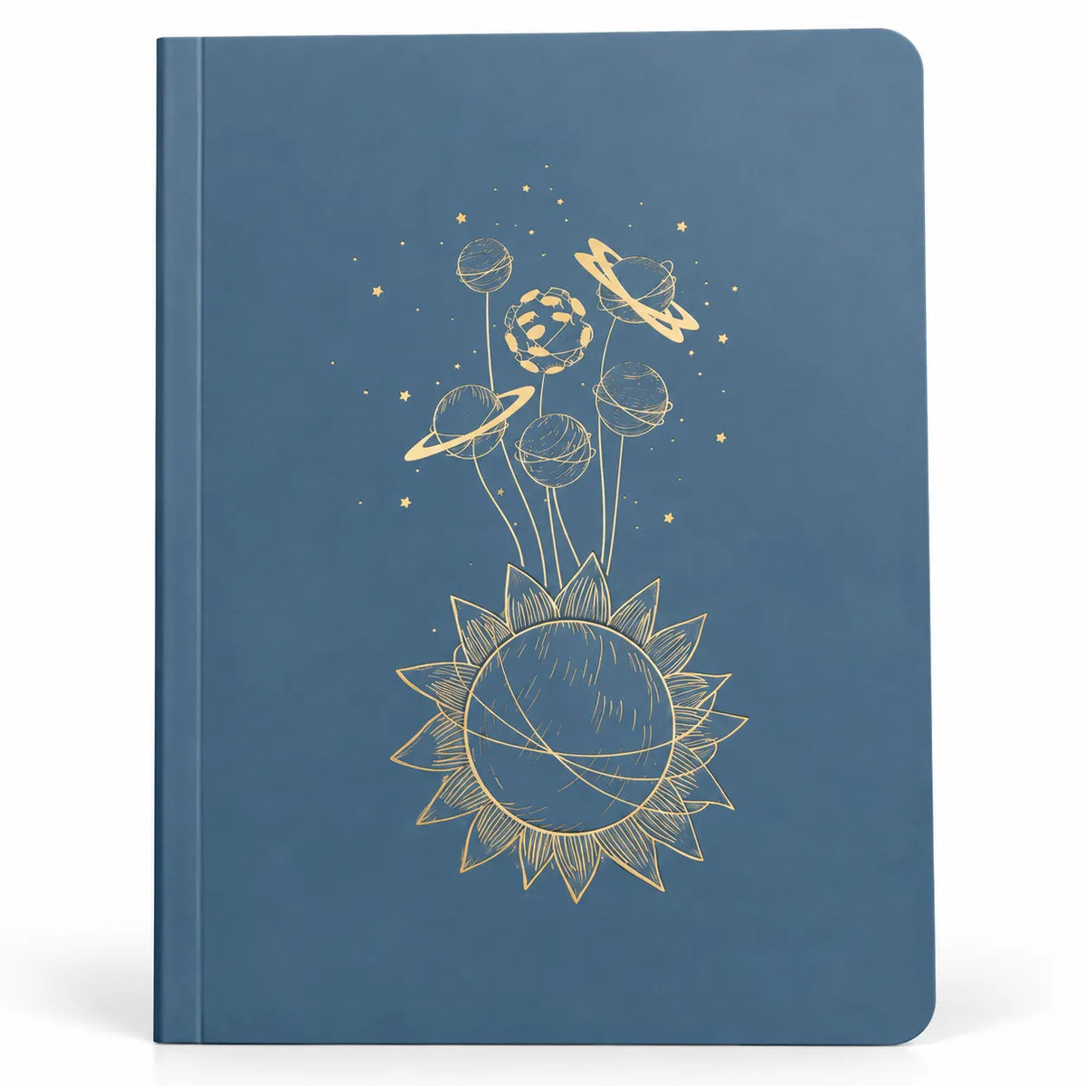 A blue hardcover notebook featuring a gold line-art illustration of a sun and planets on the front cover, shown against a plain white background.
