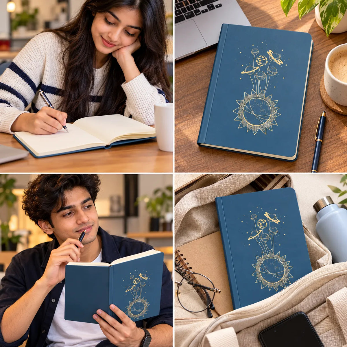 A four-panel collage showing a blue hardcover journal with a gold celestial sun and moon illustration. Two panels show people holding and writing in the journal in a home/study setting, and two panels show the journal styled on a desk and in a bag with accessories.