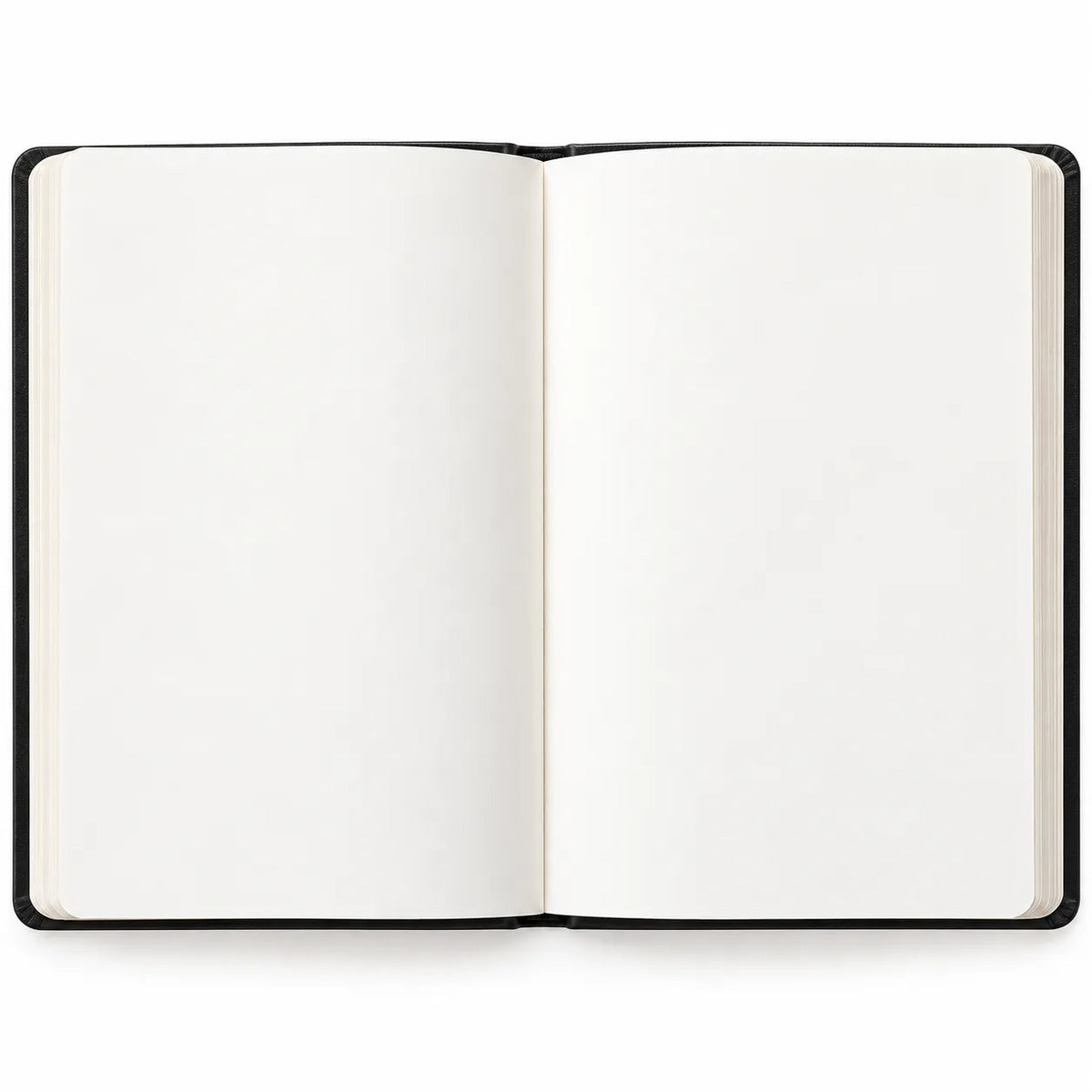 An open notebook with blank white pages and a black cover, shown from a top-down view on a white background.