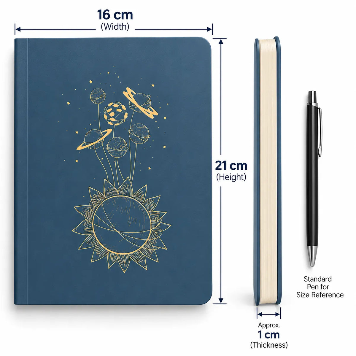 A navy blue hardcover notebook with a gold celestial sun and moon illustration, shown with dimension labels indicating 16 cm width, 21 cm height, and 1 cm thickness. A black pen is shown to the right as a size reference on a white background.