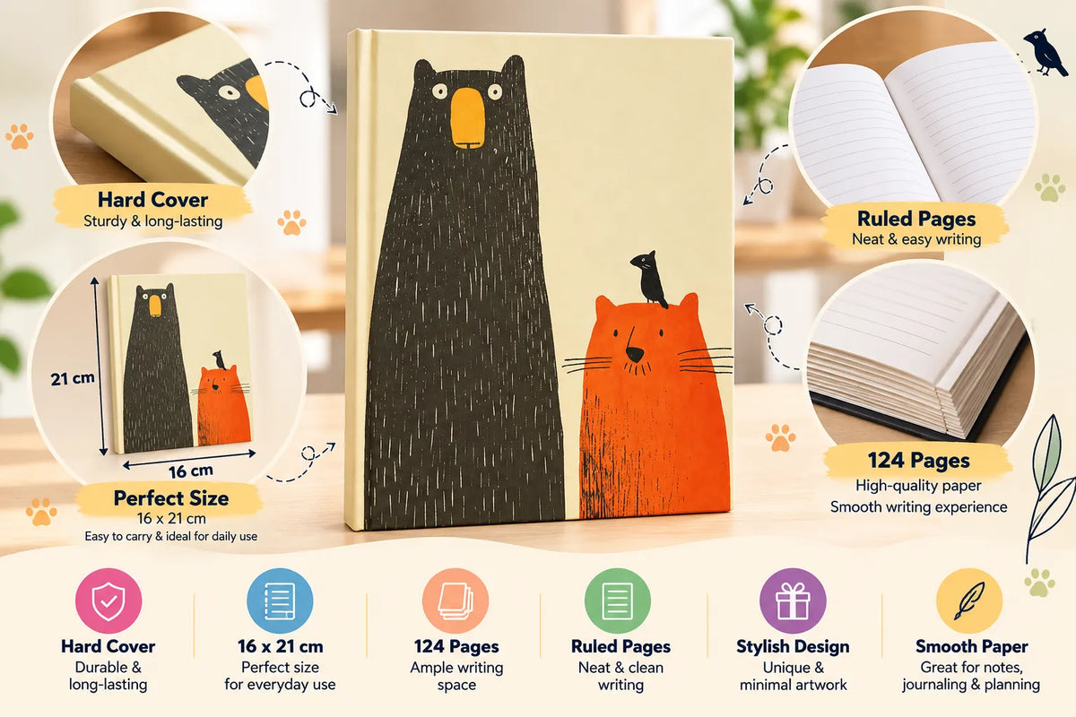 Cozy Bear & Cat Hardcover Notebook – 124 Pages, Ruled, 16 × 21 cm