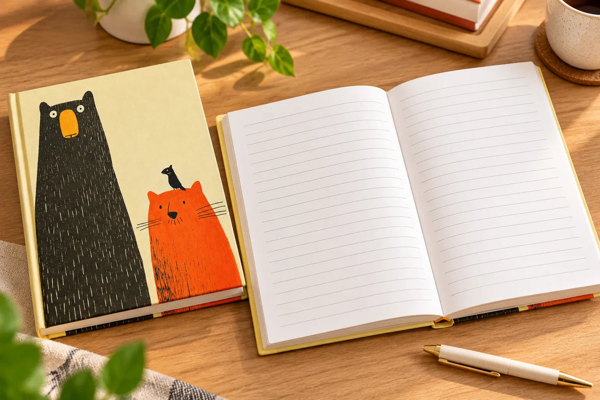 Cozy Bear & Cat Hardcover Notebook – 124 Pages, Ruled, 16 × 21 cm