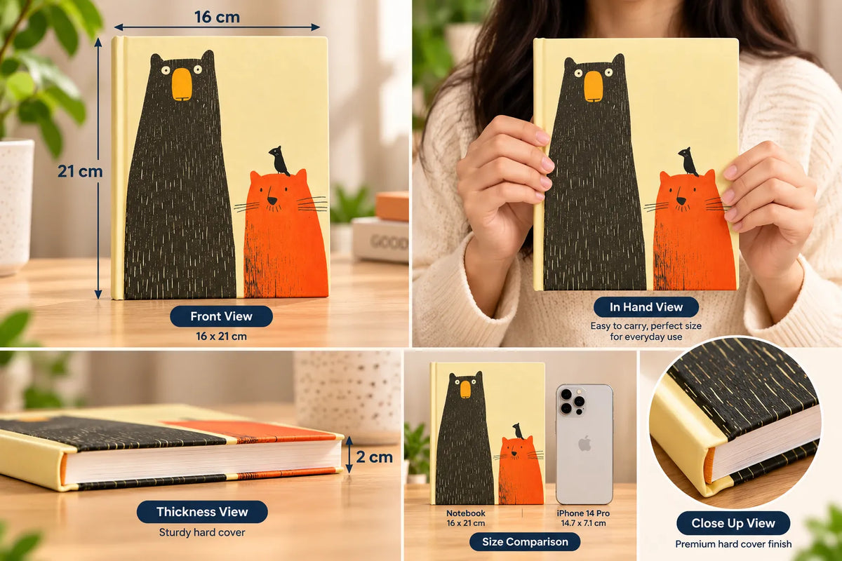 Cozy Bear & Cat Hardcover Notebook – 124 Pages, Ruled, 16 × 21 cm