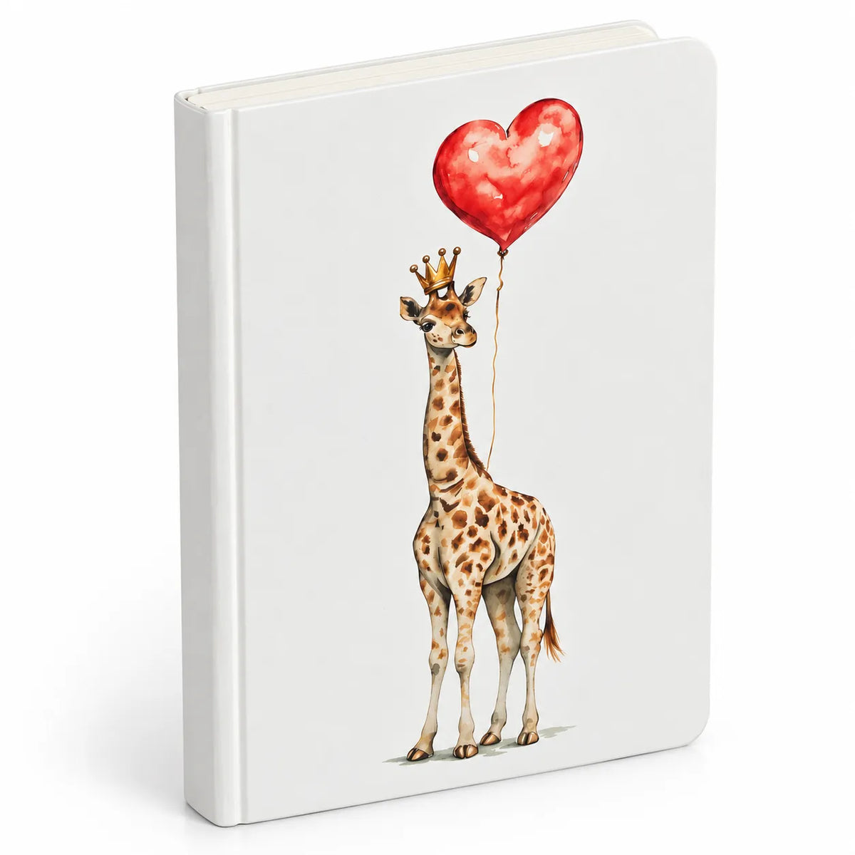 A white hardcover notebook or journal standing upright, featuring a watercolor-style illustration of a giraffe holding a red heart-shaped balloon on the front cover.