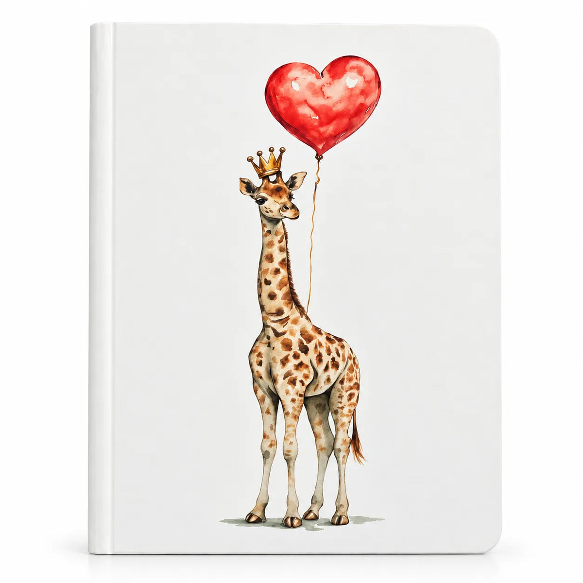 A white hardcover notebook or journal featuring a watercolor-style illustration of a giraffe holding a red heart-shaped balloon, shown on a clean white background.