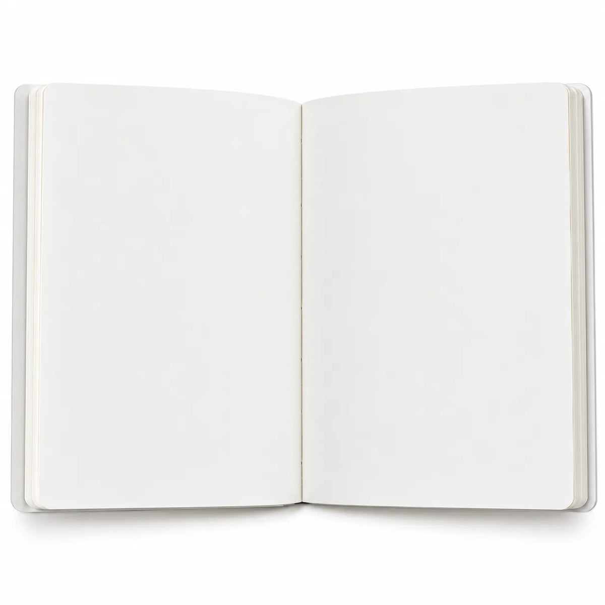An open notebook with blank white pages, photographed from above on a clean white background.