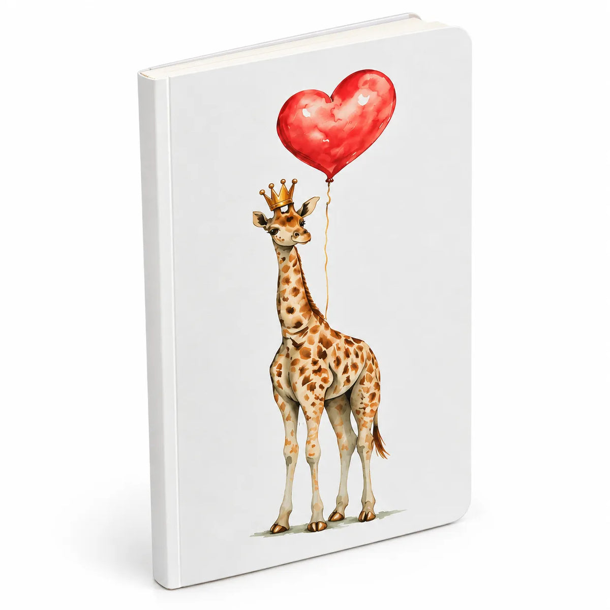 A white hardcover notebook or journal standing upright on a white background, featuring a watercolor-style illustration of a giraffe holding a red heart-shaped balloon.