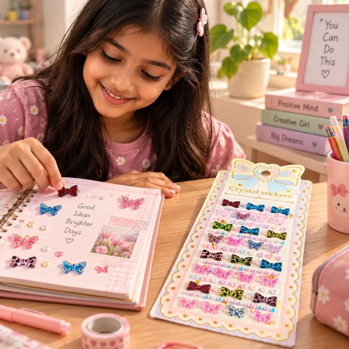 A young girl with long dark hair smiles while applying decorative bow stickers to a pink notebook at a wooden desk. A sheet of colorful crystal bow stickers labeled 'Crystal stickers' is displayed next to her, with school and desk accessories in a bright, cozy room background.
