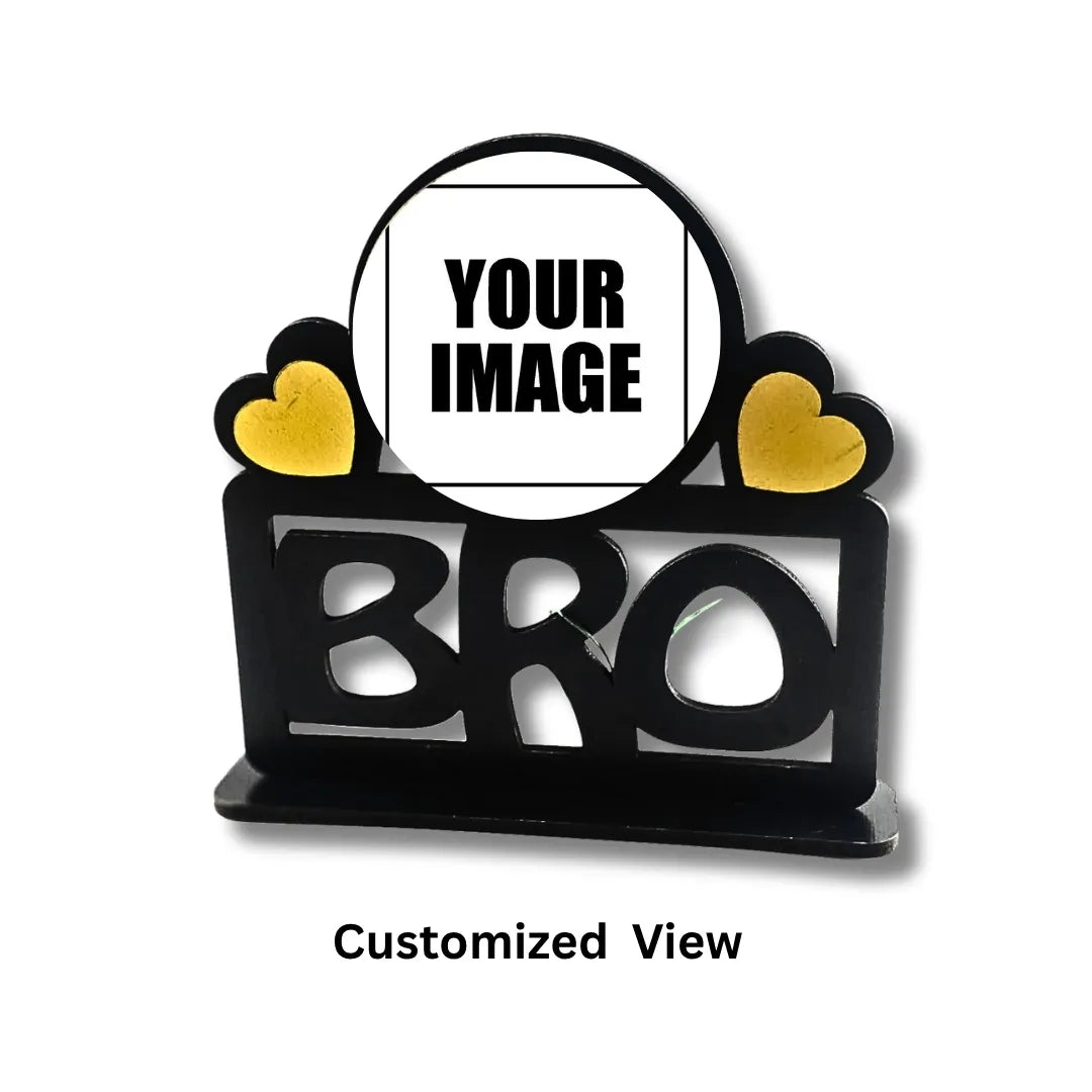 Personalized photo frame with 'BRO' and heart shapes on a white background