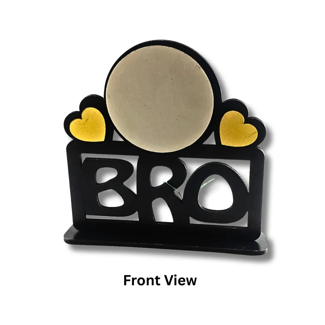 Decorative item with 'BRO' text and heart shapes on a white background