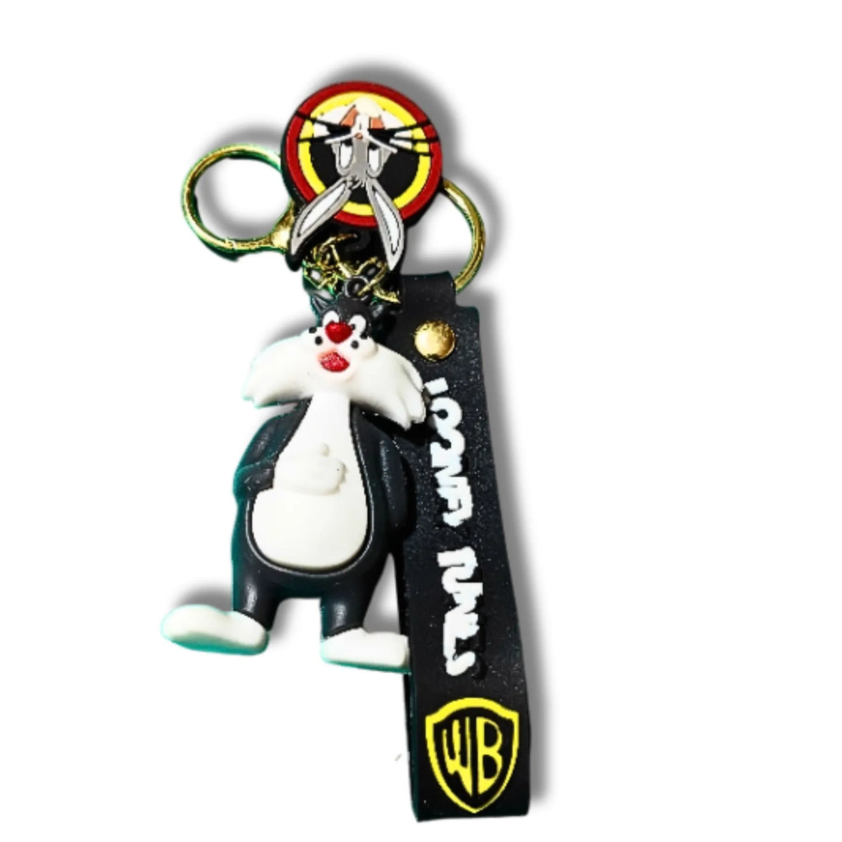 Cute Black & White Cartoon Cat Keychain with Black Strap