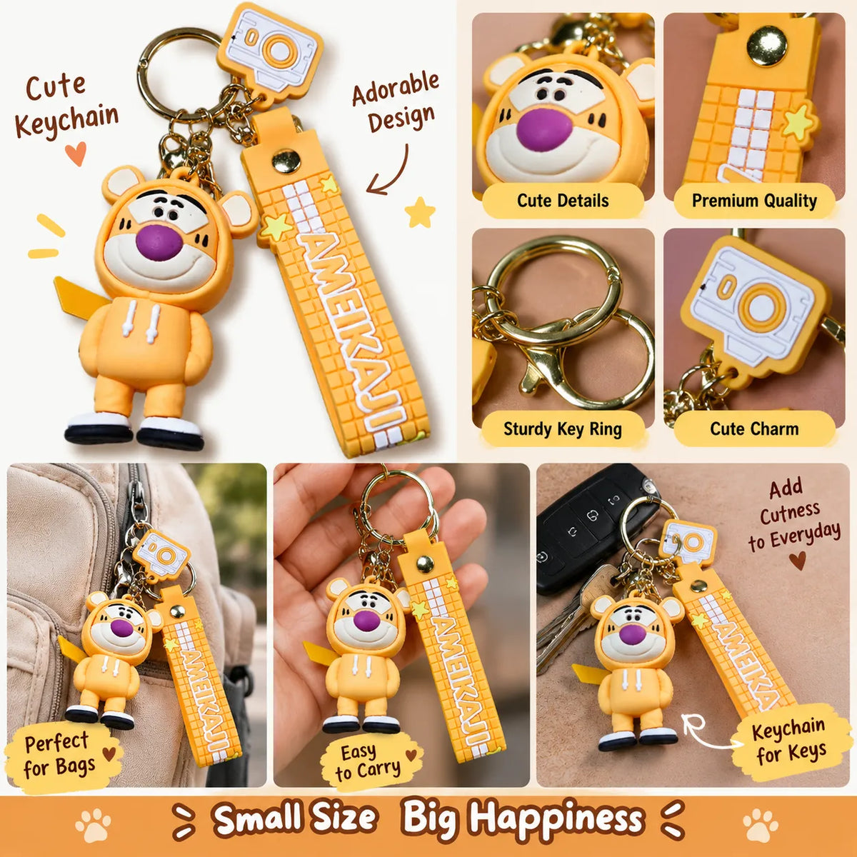 Cute Cartoon Tiger Keychain with Decorative Strap