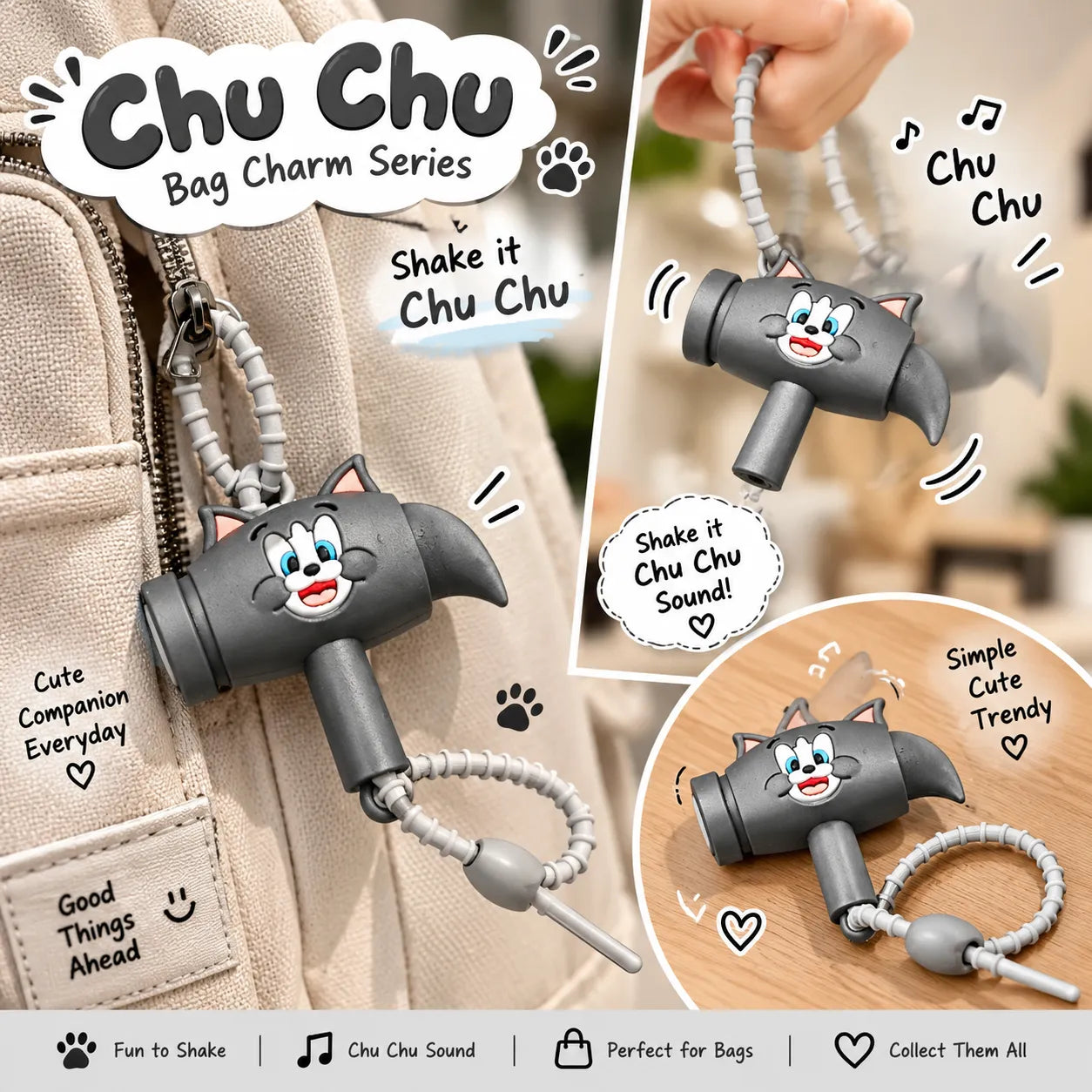 Cute Cat Hammer Choo Choo Bag Charm