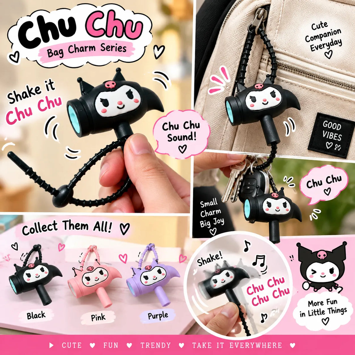 Cute Cat Hammer Sound Bag Charm